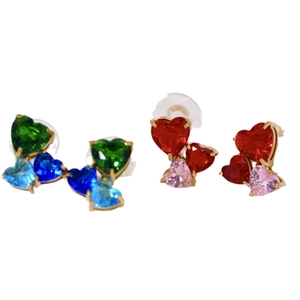 14k gold-plated heart stud earrings set with colorful cubic zirconia in blue and red