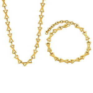 Golden titanium steel jewelry set with unique X-shaped links necklace and bracelet