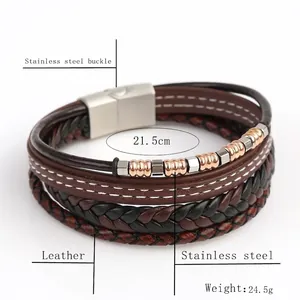 Handmade multilayer woven leather bracelet with stainless steel beads and magnetic clasp