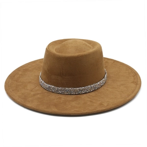 Classic camel faux suede flat top fedora with sparkling colorful crystal trim