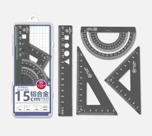 Aluminum alloy 15cm ruler set 4-piece showing ruler, protractor and triangles