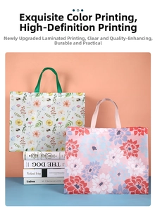 Close-up of waterproof non-woven shopping bag with floral prints and snap button closure