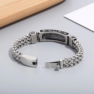 Vintage titanium steel men's bracelet featuring a totem rectangular plaque and woven chain