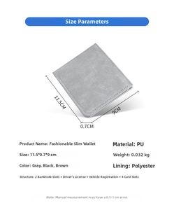 Size parameters diagram for thin grey matte wallet showing 11.5x9x0.7cm dimensions