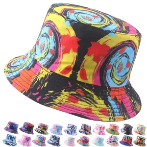 Cappello a secchiello reversibile in cotone tie-dye 3D con motivi colorati di foglie d'acero