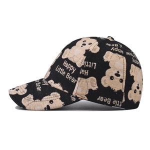 Black cartoon bear printed baseball cap with curved brim for casual outdoor wear