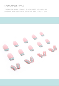 Detail of square press-on nails with blue wave patterns and pink French tip design