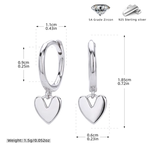 Detailed measurements of S925 sterling silver heart hoop earrings with dimensions