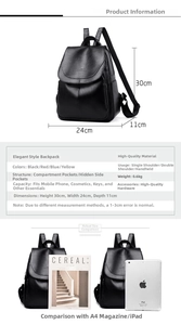 Detailed dimensions of a black leather anti-theft backpack showing 30x24x11cm size