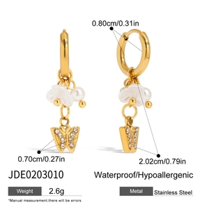 Detailed dimensions of 18K gold plated stainless steel pearl butterfly earrings