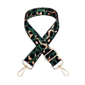 Detail of adjustable nylon leopard print strap with gold metal lobster clasps