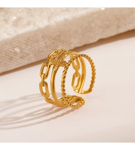 Detail of 18K gold-plated triple-layer chain ring with beaded texture and open design