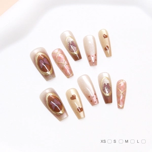 Faux Ongles à Presser Faits à la Main 3D Papillon Cœur Œil de Chat Longs Cercueil Décoration Nail Art Lot de 10 Pièces