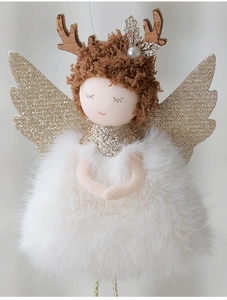 Macro detail of plush angel ornament with golden sequined wings and white faux fur texture