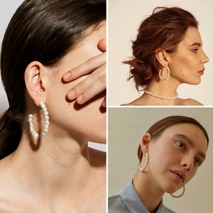 Eleganti orecchini a cerchio a forma di C con perle e collana coordinata da donna