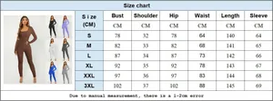 Detailed size chart in CM for long sleeve yoga jumpsuit with color reference images