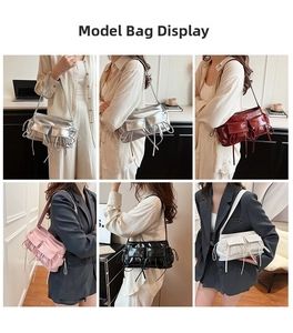 Detailed view of fashionable bow pleated baguette bags in various colors on models