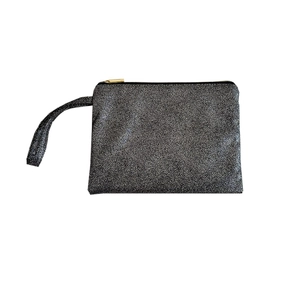 Silver-black grainy texture cosmetic bag with gold zipper and convenient wrist strap