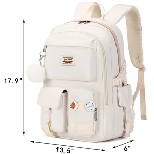 Front view of large cream backpack with size markings: 17.9 by 13.5 by 6 inches