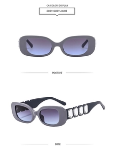 Detail of grey square sunglasses with crystal-embellished temples and gradient blue lenses