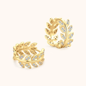 Detail of S925 sterling silver gold leaf earrings with D0.40CT zircon stones