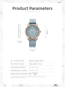 Detailed dimensions of blue leather strap quartz watch with rose gold metal case