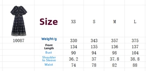 Detailed size chart for elegant embroidered V-neck maxi dress with puff sleeves and belt