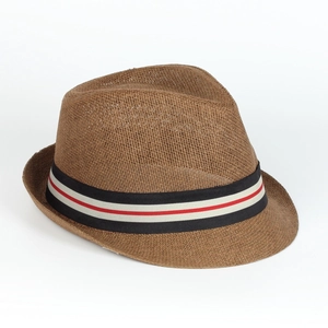 Detailed weave of brown straw fedora featuring a red, white, and black striped ribbon