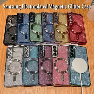 Magnetic Glitter Case For S24 S23 S22 Ultra Plus Electroplated Soft TPU With Lens Protector Ring Stand