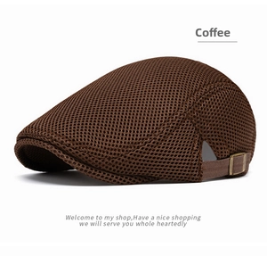 Close-up of coffee brown mesh sun hat featuring a vintage metal adjustable side buckle