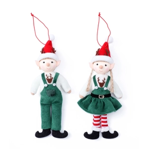 Pair of red and green Christmas elf plush doll ornaments for holiday tree decoration