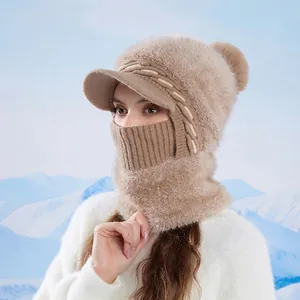 Women's winter knitted hood hat with face mask and plush lining in light camel beige color
