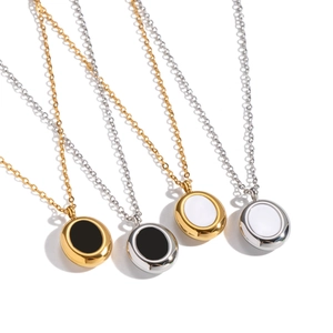 Classic round enamel necklaces in black and white with gold and silver stainless steel chains