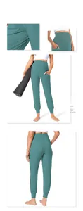 Detailed view of high-waist yoga joggers featuring side pockets and a soft elastic waistband