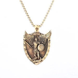 Saint Michael Archangel pendant necklace in vintage gold finish with box chain for men