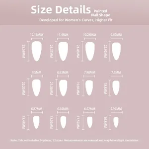 Detailed size chart for stiletto press-on nails showing 12 different sizes in mm