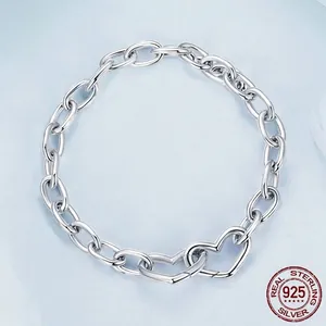 Minimalist S925 sterling silver chain bracelet with interlocking heart-shaped clasps