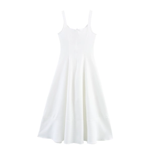 Elegante abito midi bianco a trapezio con scollo a V e design senza maniche sciancrato