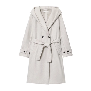 Minimalist light grey long hooded coat with black buttons and matching waist belt