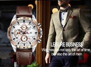 Close-up of men's quartz watch featuring a brown leather strap and multifunction white dial
