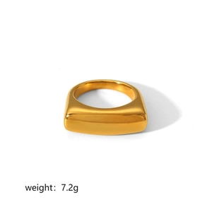 Detailed view of square-faced 18k gold stainless steel ring with 7.2g weight marking