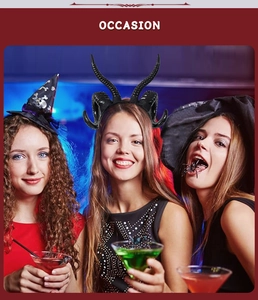 Three women wearing realistic black demon horn headbands at a Halloween party setting