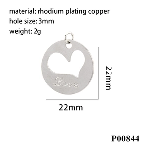 Detail view of 22mm rhodium plating copper heart pendant with Love engraving