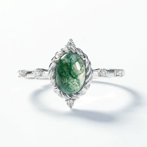 Natural green moss agate oval gemstone ring in S925 sterling silver with sparkling side stones