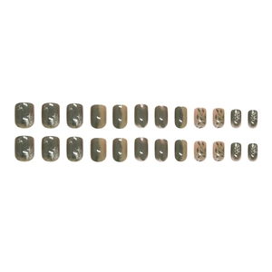 Green gradient marble press-on nails with hand-painted leaf patterns and glitter accents