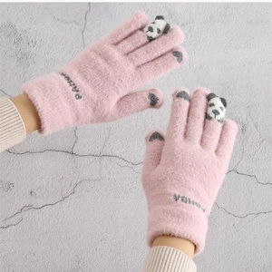 Cute fuzzy knit gloves for women winter warm touch screen pink panda gloves detail view