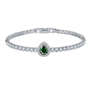 Detail of silver tennis bracelet featuring green pear-cut stone and folding clasp
