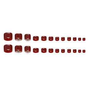 Deep wine red glossy press-on toe nails with small rhinestones, 24-piece full set