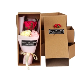Mother's Day carnation and rose soap flower gift box with pink ribbon and kraft paper packaging