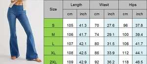 Detailed size chart for mid-waist flare jeans showing length, waist and hip measurements